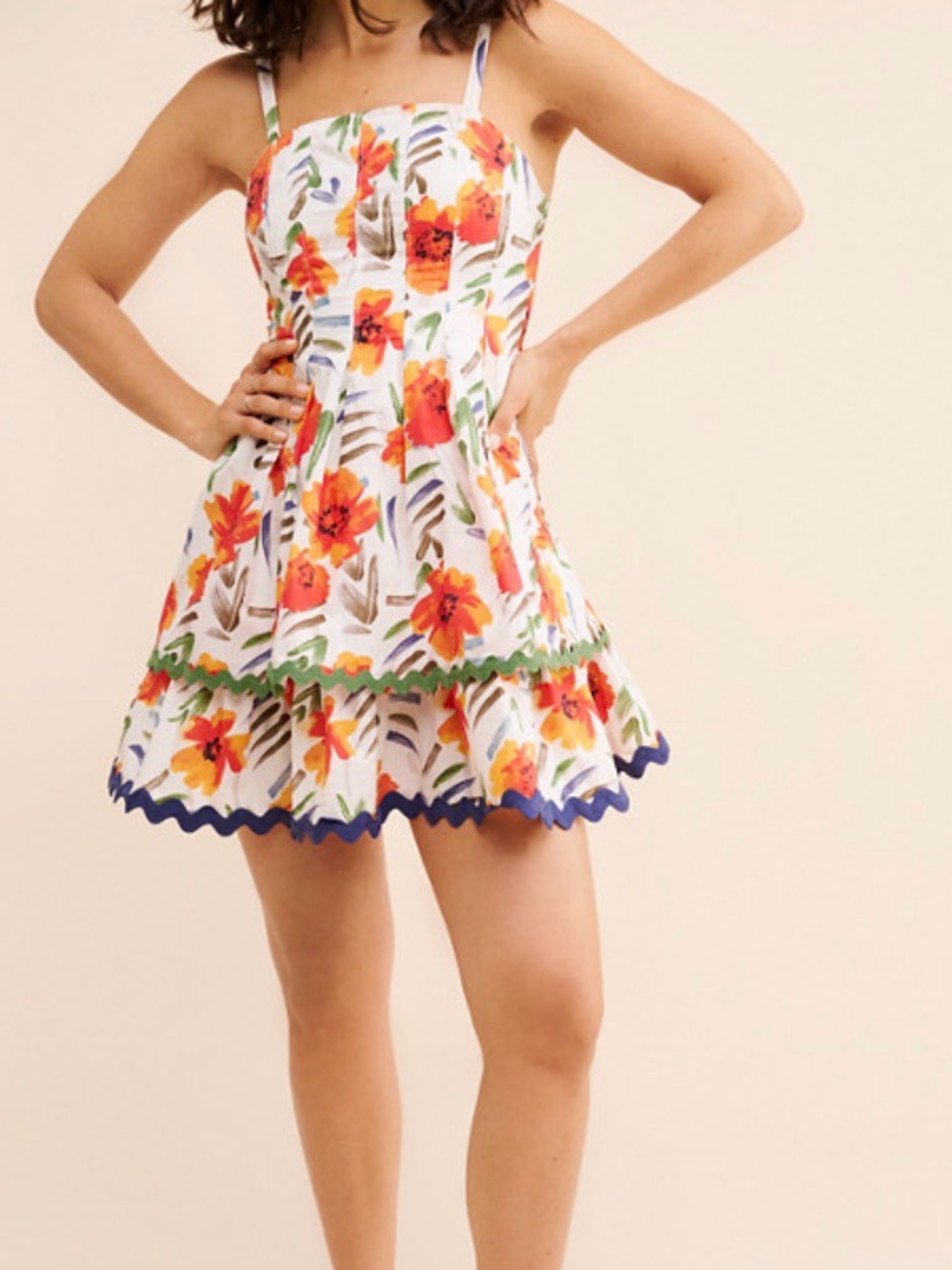 Adelyn Rae Floral Fit & Flare Mini Dress White Orange Green Ric Rac Trim